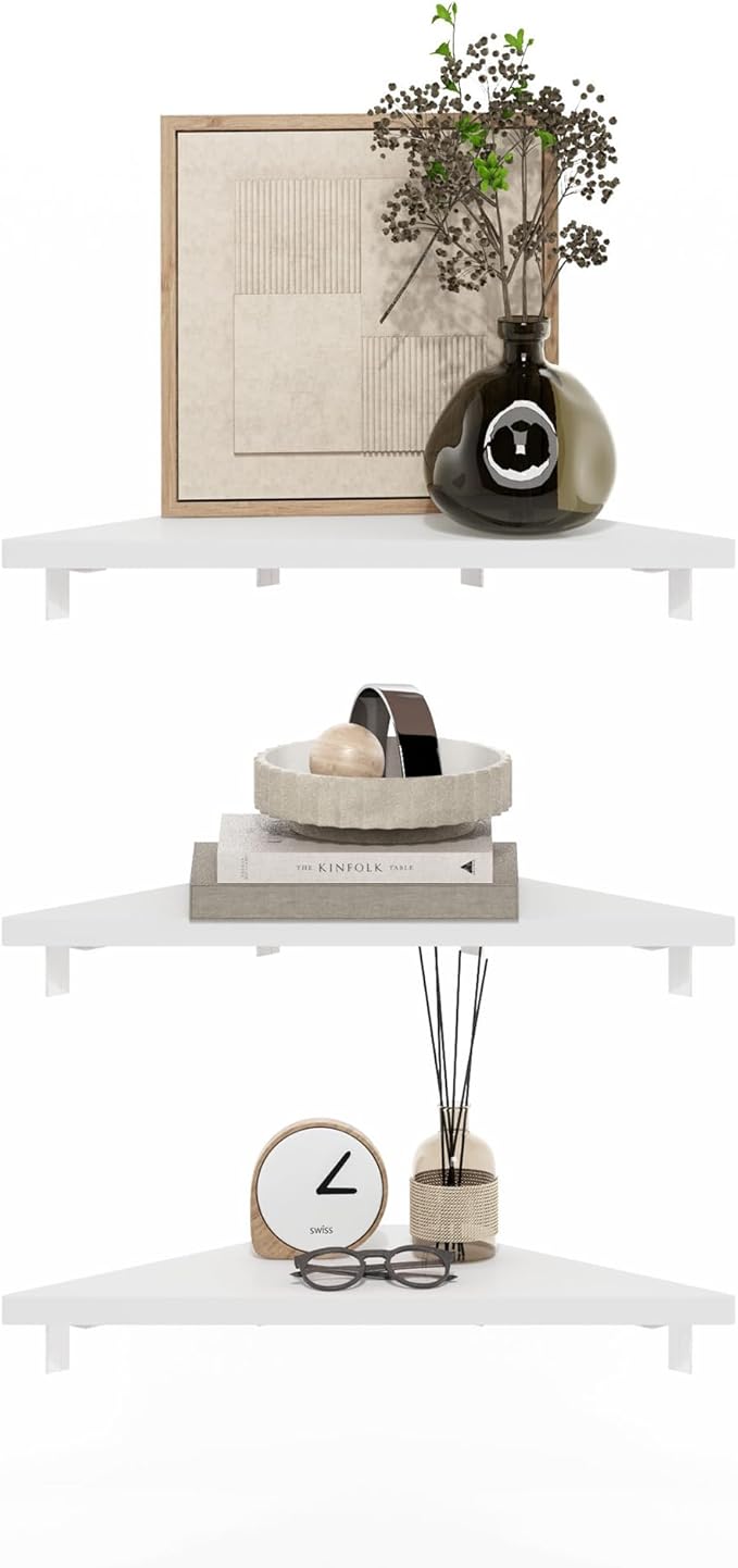 Furinno Rossi Triangle Floating Shelves for Wall, Set of 3 Geometric Corner Shelf, Wall Mounted Shelves for Bathroom, Home Office, Living Room, White