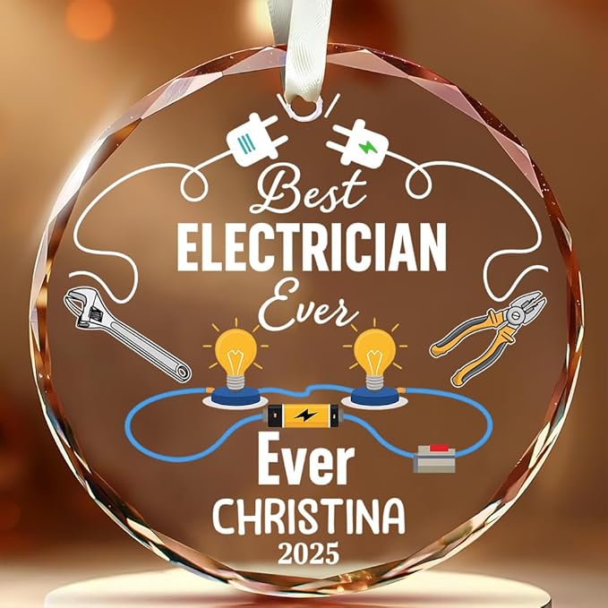 BSQUIELE Personalized Best Electrician Ever Glass Ornament 2025 - Funny Retirement Gift Custom Name and Date Keepsake - Xmas Tree Hanging Decoration for Electrician Men