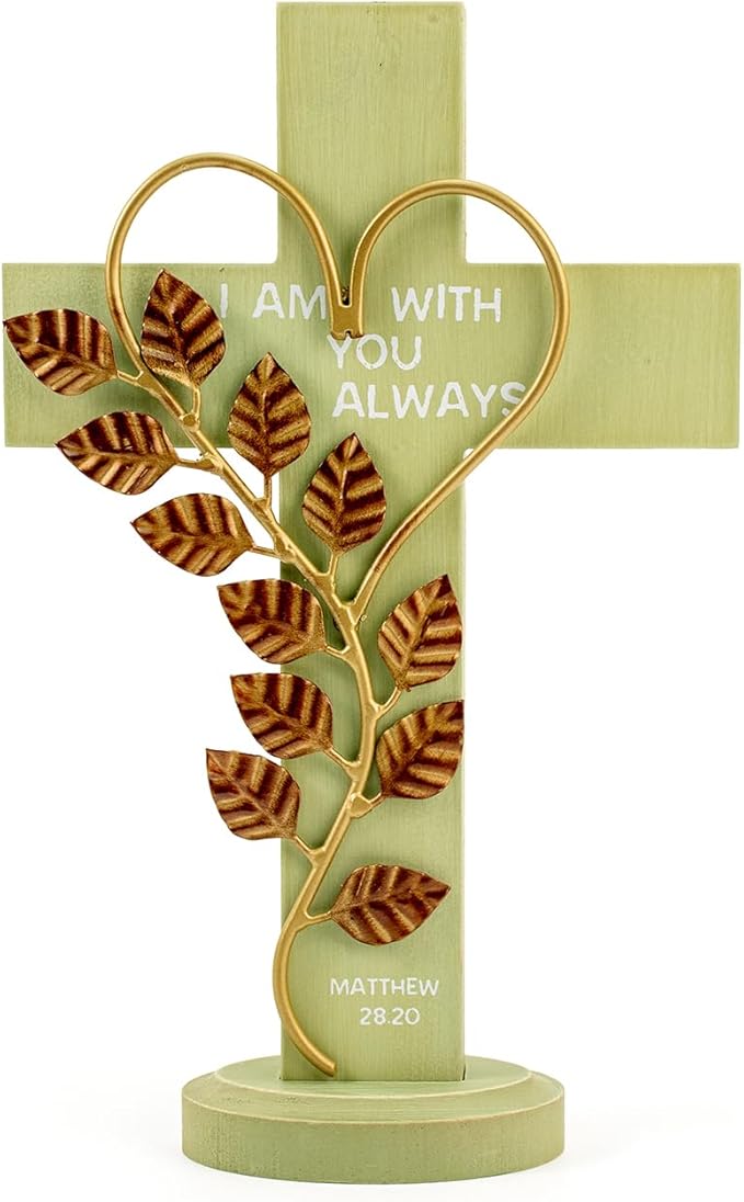 Wooden Wall Cross with Iron Heart Leaf Decorated with Hook and Base Hanging Wall Or Table Cross with Matthew 28:20 For Church Home Room Decoration (Green)