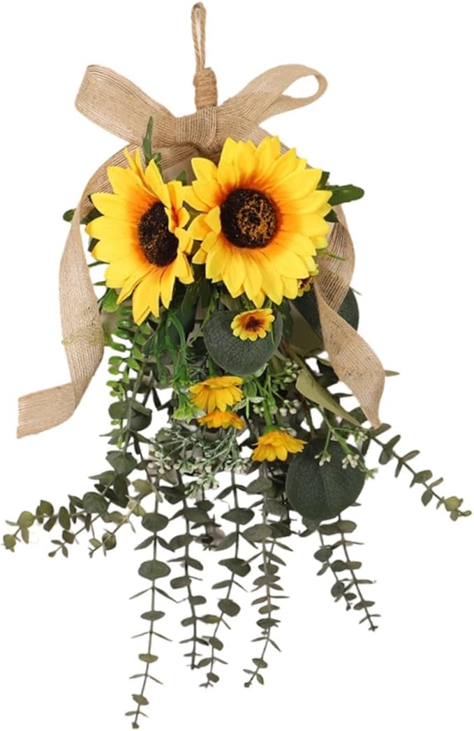 Sunflower Swag Lifelike Rustic with Green Leaves Garland Adornment Spring Summer Door Wreath Flower Swag for Holiday Window