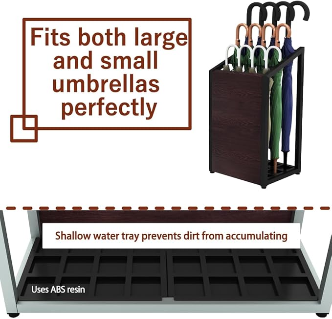 AKIRA Mid-Size Umbrella Stand for 12-Umbrellas Modern Brown Wood Grain & Black Metal Entryway Organizer Rack Holder for Office or Lobby, Model US-US-0325-BKDB