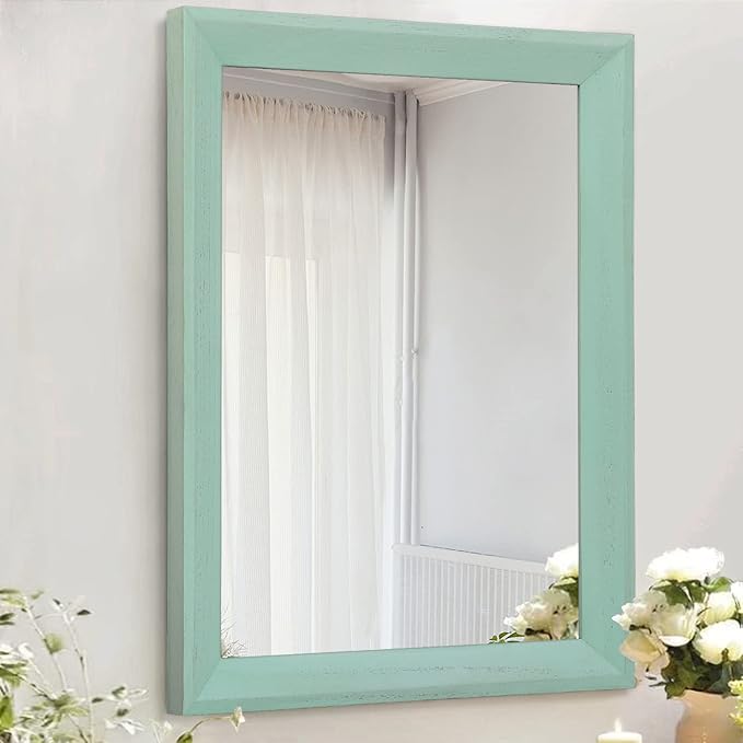 AAZZKANG Wood Framed Mirror Rectangle Modern Farmhouse Wall Mirrors Decor Large 28"x20" for Bedroom Living Room Bathroom Dressing Room Green