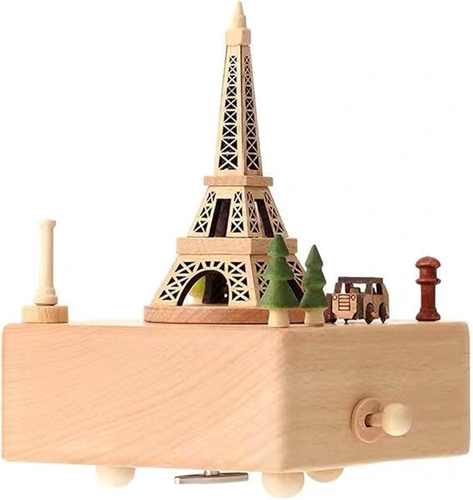 Natural Solid Wood Handcrafted Beech Wooden, Musical FigureTotoro/Carousel/Fairy/Ballerina Figurine,Rotating Hand Crank Mechanism Music Box,Musical Decorations (Eiffel Tower)
