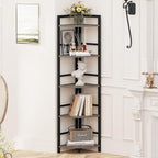 BON AUGURE Rustic Corner Shelf Stand, Tall Industrial Corner Bookshelf, Wood Metal 5 Tier Bookcase Shelves, Display Shelving Unit for Kitchen, Living Room (Dark Grey Oak)