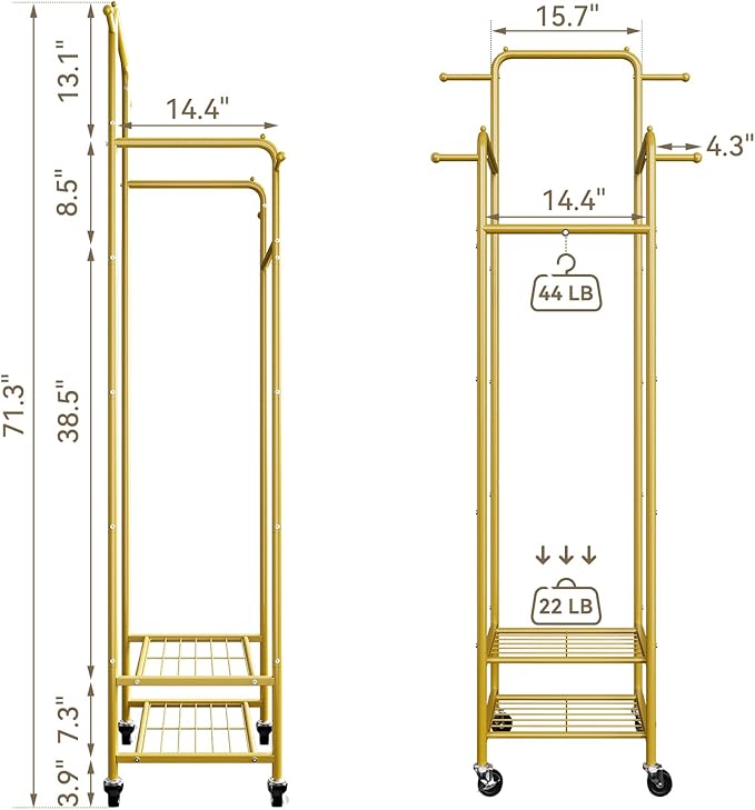 Chrislley Clothes Rack with Wheels, 71" Portable Clothing Rack with 2 Shelves and 4 Hooks, Small Rolling Garment Rack, 4 Hanging Rods Metal Coat Rack for Bedroom, Apartment, Entryway, Gold