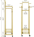 Chrislley Clothes Rack with Wheels, 71" Portable Clothing Rack with 2 Shelves and 4 Hooks, Small Rolling Garment Rack, 4 Hanging Rods Metal Coat Rack for Bedroom, Apartment, Entryway, Gold