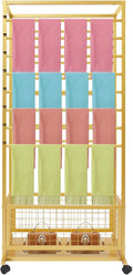 16-Layer Scarf Display Stand, Rolling Scarf Organizer Holder Hanging Rack with Wheels & Storage Basket for Retail Store Boutique Display Bedroom, W26.5*D16.9*H59in (Gold)