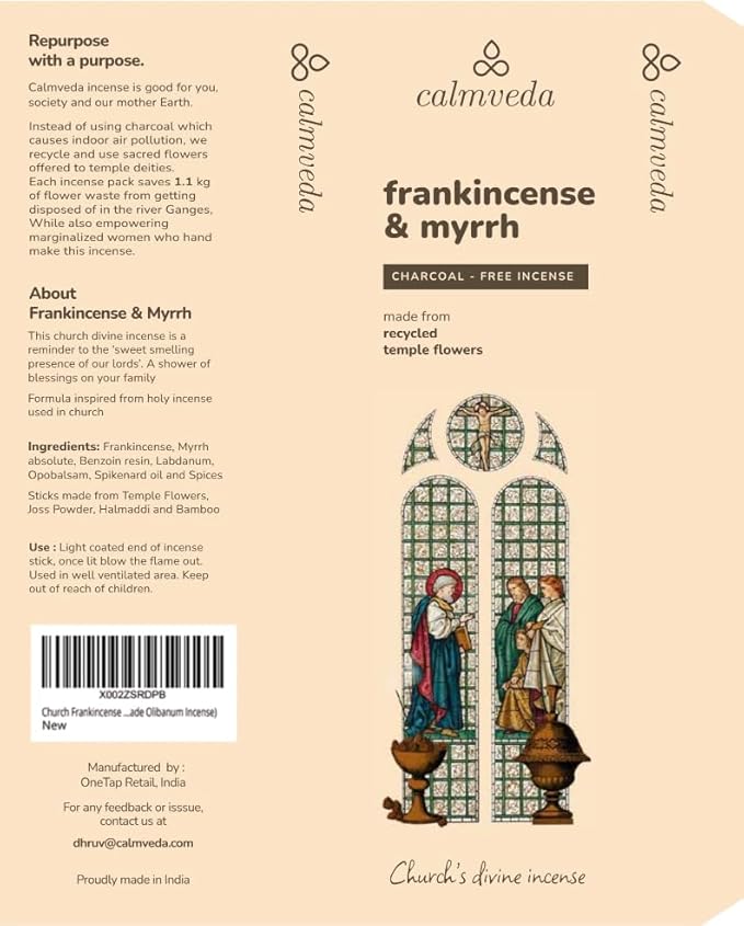 Calmveda Church Frankincense and Myrrh Incense - 80 Sticks, Charcoal Free, Handmade from Upcycled Flowers, Spiritual Healing Incense