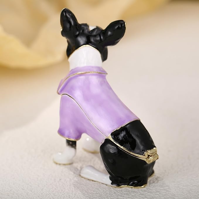 Hand Painted Trinket Box for Home Decor Accents, Enamel Hinged Jewelry Box for Bookshelf Office Table Desk Decoration, Classical Figurine Collectible Keepsake Animal Sculptures (Boston Terrier)