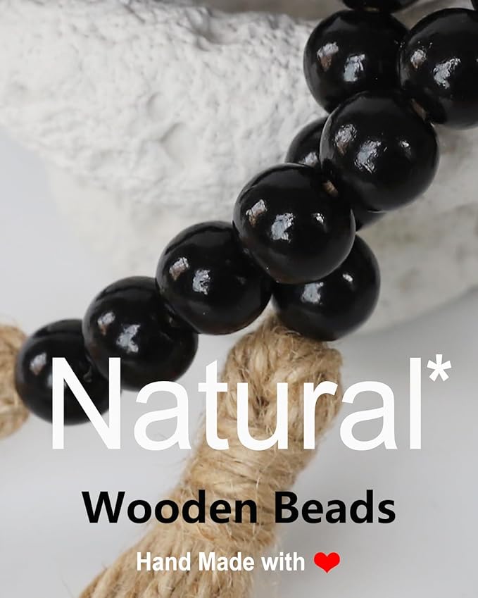 Boho Decor Wood Beads Garland Farmhouse Wall Hanging Decorations Natural Wooden Bead Tassel Decorative for Coffee Table Christmas and Prayer (Black, 58")