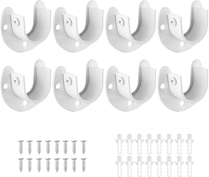 8 Packs Stainless Steel Closet Rod End Supports 1 Inch Wardrobe Bracket Heavy Duty Closet Pole Sockets Flange Rod Holder, U-Shaped with Screws, White