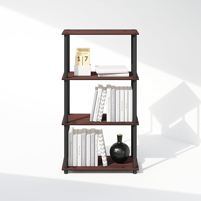 Furinno Turn-N-Tube Book Shelf, 4-Tier Bookshelf, Bookcase with Multipurpose Compact Display Rack, 11.6 x 23.6 x 43.2, for Living Room, Bedroom, Home Office, Dark Cherry/Black