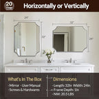 ANDY STAR Brushed Nickel Mirror 24x32 Inch, Scalloped Bathroom Mirror, Silver Rectangle Mirror in Anti-Rust Stainless Steel Metal Thin Frame Deep 1", Horizontal/Vertical