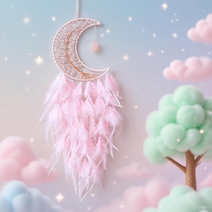 Moon Dream Catchers with Chakra Gemstone Agate Stone, Crystal Tree Life Dream Catchers Wall Hangings Room Decor (Pink)