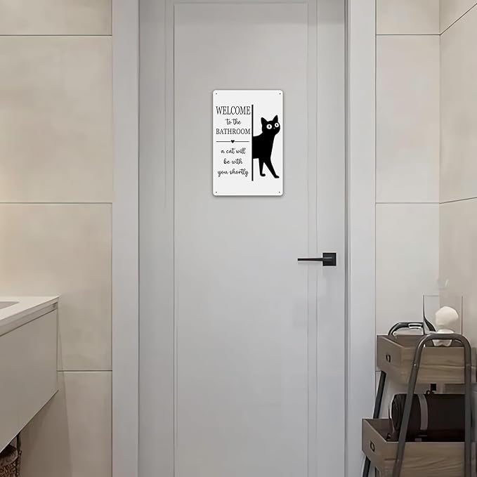 UYIKG Funny Bathroom Black Cat Wall Decor Metal Signs,Welcome To The Bathroom a Cat Will Be With You Shortly Tin Sign,8x10 inches