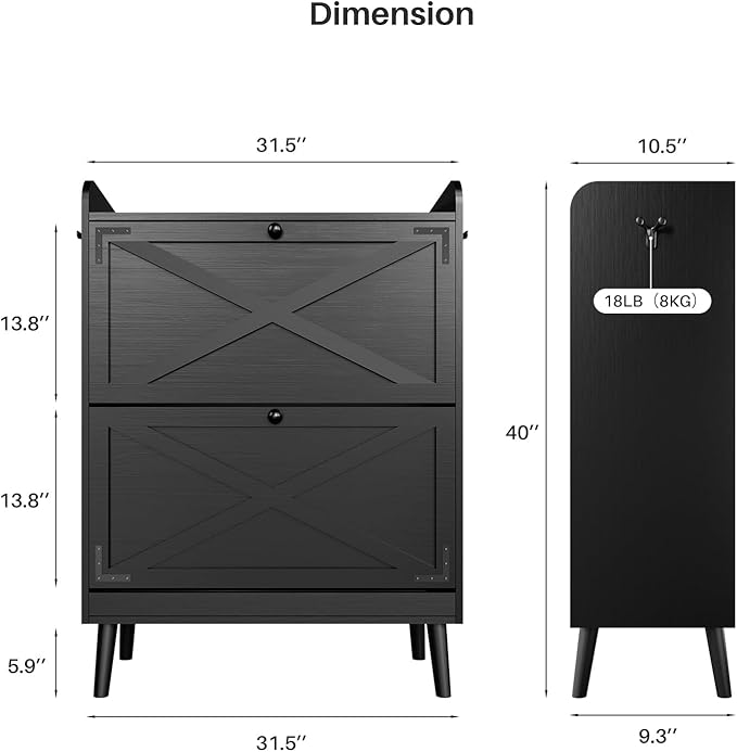 Shoe Storage Cabinet with 2 Flip Drawers, Freestanding Entryway Shoe Cabinet with 2 Side Hooks & Adjustable Shelves Slim Shoe Organizer Cabinet Narrow Shoe Rack for Entrance Hallway Front Door,Black