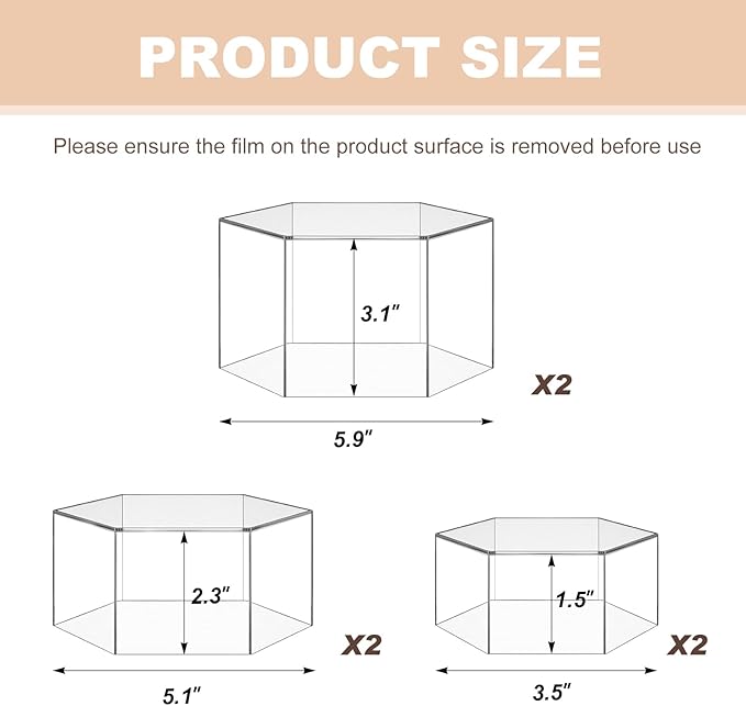 Jerify 6 Pcs Acrylic Risers Display Stands, 5.91'' 5.12'' 3.54'', Clear Hexagon Nesting Pedestal Shelf with Hollow Bottom for Tabletop Jewelry Display, 3 Sized