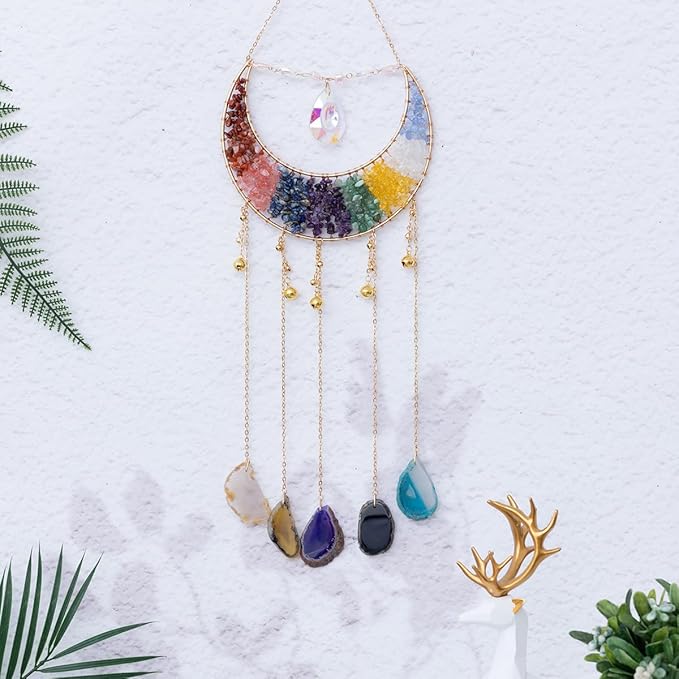 Crystal Stone Agate Ornament Natural Gem Tree of Life Moon Dream Catchers with Crystal 7 Chakra Gemstone Rainbow Catchers Color Natural Gem Agate Wall Hangings Room Dreamcatcher Decor (Multicolor)