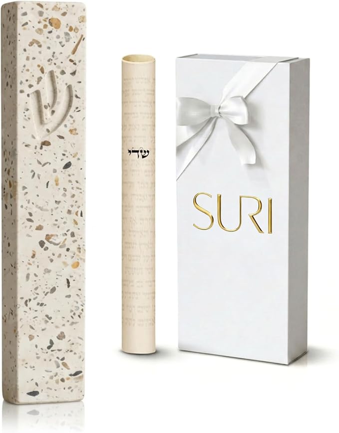 SURI Mezuzah Case – 5 Inch Terrazzo Cream and Pink Concrete Jewish Door Mezuza Cover with Printed Scroll, Self-Stick Adhesive, Fits a 4 Inch Scroll, Gift Box Included
