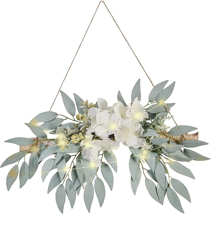 Artificial Hydrangea Swag,Handmade Floral Swag Garland Wall Decor with White Hydrangea Flowers and Willow Leaves Decorative Log Branch Hanging Hoop for Wall Window Bohemian,11.8