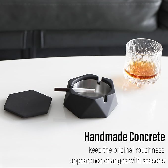 FREELOVE Concrete Ashtray with Lid & Stainless Steel Ashtrays for Cigarettes, Cement Ash Tray Smoking Holder Indoor Smokeless Outdoor Windproof Patio Home Office Cool Decor(Black, Small)