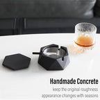 FREELOVE Concrete Ashtray with Lid & Stainless Steel Ashtrays for Cigarettes, Cement Ash Tray Smoking Holder Indoor Smokeless Outdoor Windproof Patio Home Office Cool Decor(Black, Small)