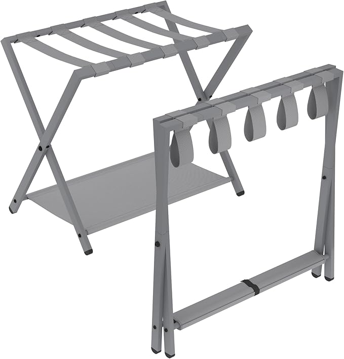 Luggage Rack, Folding Suitcase Stand for Guest, Foldable, Luggage Holders with Shelf, Steel Frame with Nylon Straps for Bedroom, Hotel, Holds up to 154 lb, Grey, 2 Pack LR03999G