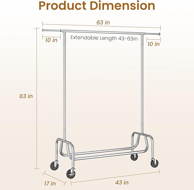 Clothes Rack with Wheels, Rolling Clothing Rack with Shelf, Heavy Duty Clothes Racks for Hanging Clothes, Metal Standing Garment Racks, Silver