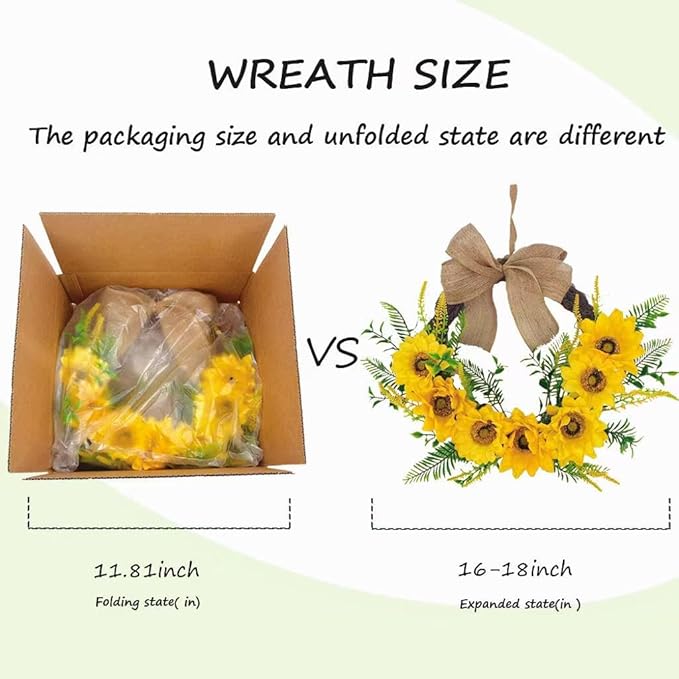 18 Inch Sunflower Wreath for Front Door, Artificial Spring Wreath with Bright Sunflowers and Bow for All Seasons Indoor Outdoor Wall Window Office Farmhouse Entryway Decor