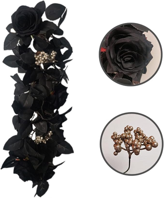Artificial Rose Flower Swag,Artificial Sunflower Swag, 24 Inch Decorative Swag with Pumpkins Berries and Black Leaves for Halloween Home Front Door Lintel Wedding Arch Party Tabletop Wall Decor(#2)