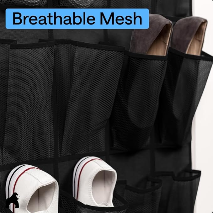 GORILLA GRIP Over the Door Shoe Organizer, 2 Pack, 24 Breathable Mesh Pockets, Space Saving Hanging Storage Holder, Closet Rack Hanger Holds Up to 40 lbs, Hangs on Closets, Shoes, Accessories, Black
