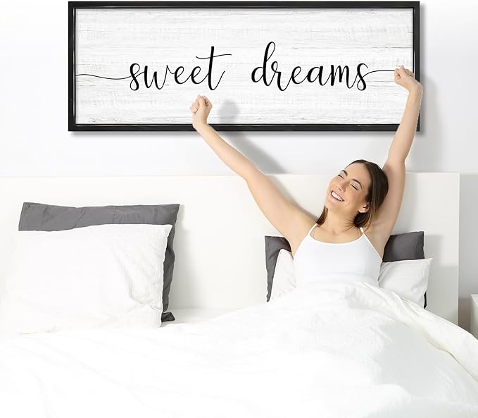 Sweet Dreams Wall Decor Above Bed 41.3''×15'' Large Farmhouse Wall Decor for Bedroom Guest Room Decor Framed Wood Wall Art Rustic Master Bedroom Wall Decoration (black frame)