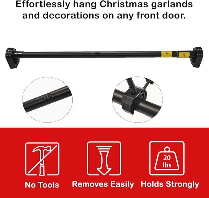Adjustable Garland Hanger for Front Door - Fits 28" to 80" Doors, Wreath Holder Christmas, Halloween DecorationsNoScrews/Drilling Damage-Free InstallationGarland Door,with 3 Hooks Tension Rod ﻿