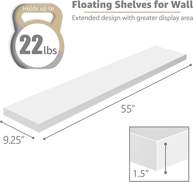 Sorbus Floating Shelves for Wall - 55 Inch Extra-Long Bathroom Shelves, Wall Decor for Bedroom, Kitchen, Living Room, Book Storage - Mounted Floating Shelf with Hidden Brackets (White, 2 Pack)