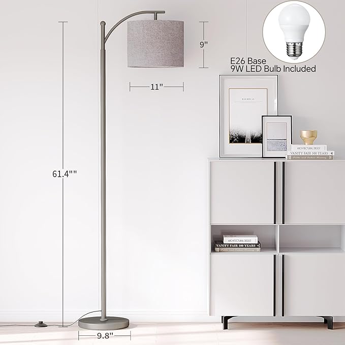 SUNMORY Arc Floor Lamp, Modern Floor Lamp with 9W 3 Color Temperatures Bulb, Metal Standing Lamps with Adjustable Hanging Lampshade, Tall Floor Lamps for Living Room, Bedroom, Office