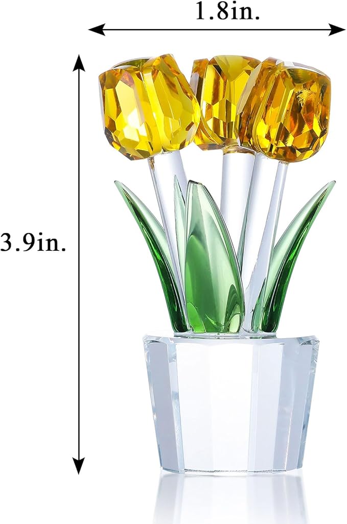 Movdyka Tulips Glass Flowers Figurines Crystal Decor Collectible Crystal Yellow Flowers Bouquet Ornaments Tulip for Women on Anniversary Wedding Christmas Valentines