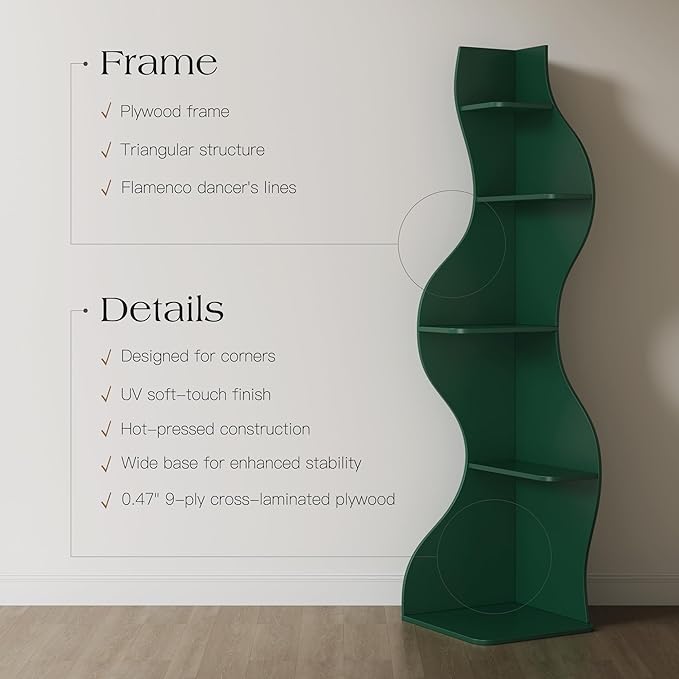 YOWOS Modern Corner Shelf, 5 Tier High Corner Bookshelf for Small Spaces, Scalloped Corner Bookshelf and Storage, Wooden Display Stand for Plants, Books and Decorations (Green)