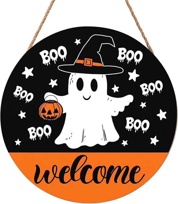 Halloween Door Decorations Cute Halloween Ghost Wreath Welcome Hey Boo Wood Hanger 12x12 Inch Farmhouse Holiday Wall Hanging Decorations for Home Porch Indoor Outdoor Party Supplies