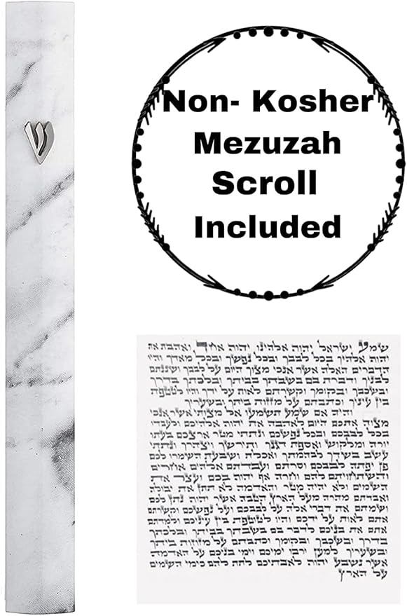 A&S Mezuzot Aluminum Mezuzah Case with 3D Painted Shin Design Easy Peel and Stick Judaica Door Mezuzah for Parchment Scroll (White Marble, 7 Inches)