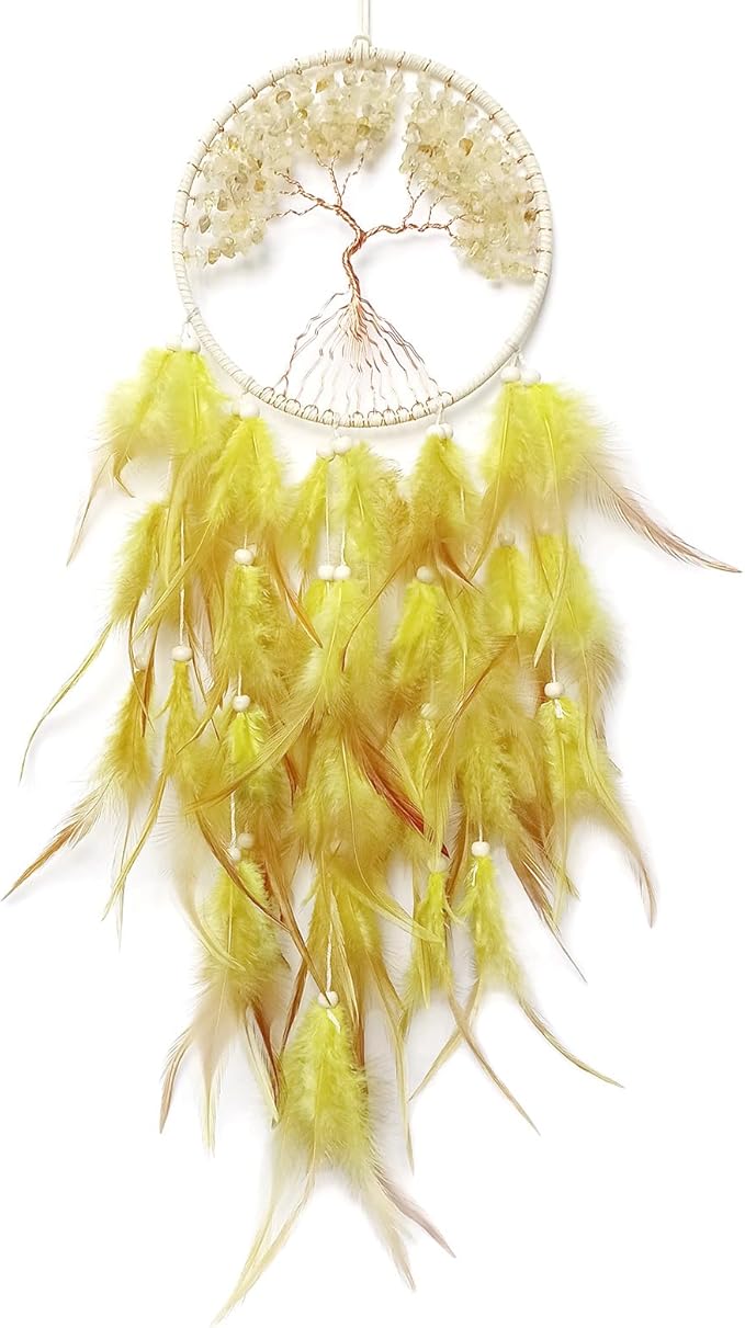 Yellow Dream Catcher Wall Decor Crystal Tree of Life Dream Catchers Handmade Feather Dreamcatcher Wall Hanging Ornament for Bedroom Living Room Home Decor