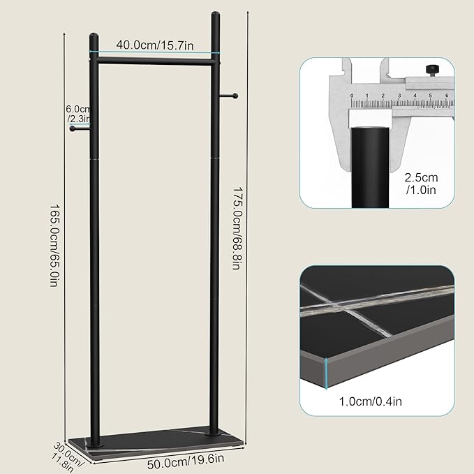 Nianerfaya Clothes Rack with 2 Hooks, Standing Garment Storage for Indoor - Clothing Rack for Hanging Clothes for Bedroom - 19.7" Wide Garment Rack Metal Clothing Hanger Rack (Black)