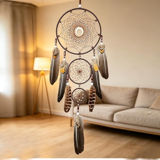 Bohemian Brown Dream Catcher with Moon Accent, Multi-Rings & Natural Feathers – Handmade Native American Style Wall Decor for Bedroom, Living Room, Boho Home Decoration & Gift(Brown 3 Rings)