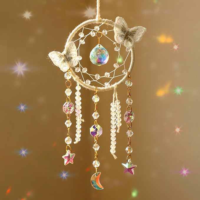 Artilady Dream Catcher for Girls - White Butterfly Small Dream Catchers with Crystals Cute Room Decor for Teen Girls Boys Boho Bedroom Wall Home Decorations Birthday Christmas Women Kids Gifts
