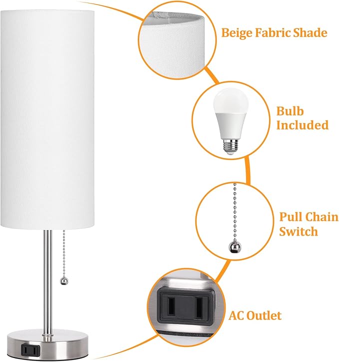 Dott Arts 18" Table Lamp for Bedroom, 3-Color Bedside Lamps with Pull Chain, Bedroom Table Lamps for Nightstand,AC Outlet Small Lamp for Living Room, Bulb Included Nickle