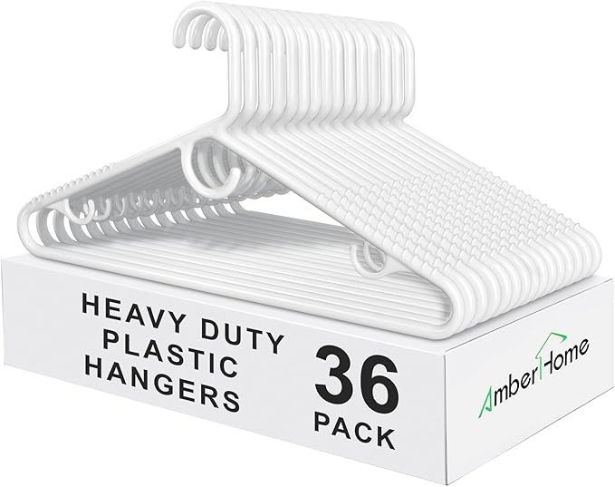 Amber Home 36 Pack Super Heavy Duty Plastic Hangers, White Plastic Hangers Non-Slip for Coat Jacket and Shirt, Non-Slip Pants Bar, Thick Strong Plastic Clothes Hangers with Hook for Scarves and Belts