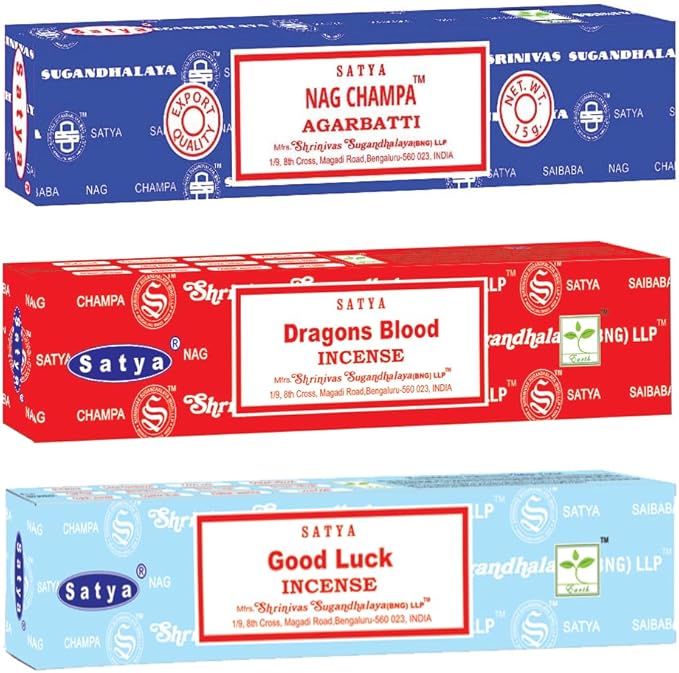 Satya Good Vibes Mix Incense Sticks 3-Pack Assortment | Slow-Burning, Long-Lasting Nag Champa, Dragon's Blood & Good Luck (15g Each)