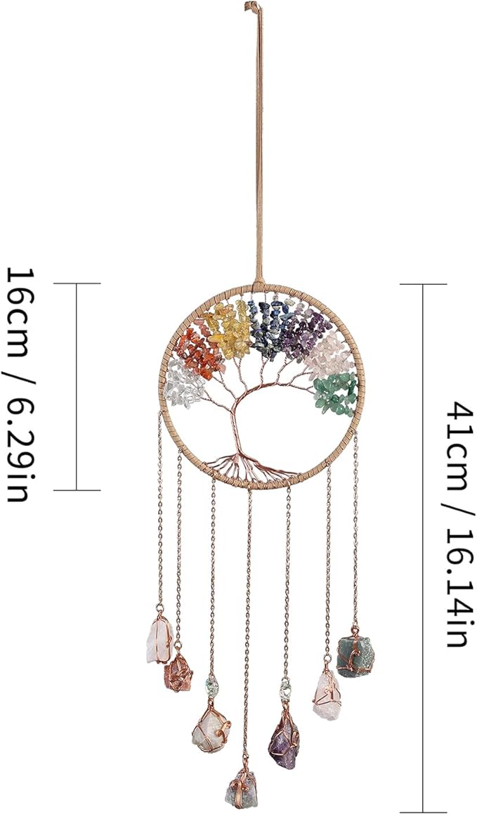 7 Chakra Wind Chimes Raw Stone Tree of Life Dream Catchers Hanging Ornament Natural Crystal Wind Chime for Home Garden Decoration(Gold)