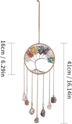 7 Chakra Wind Chimes Raw Stone Tree of Life Dream Catchers Hanging Ornament Natural Crystal Wind Chime for Home Garden Decoration(Gold)