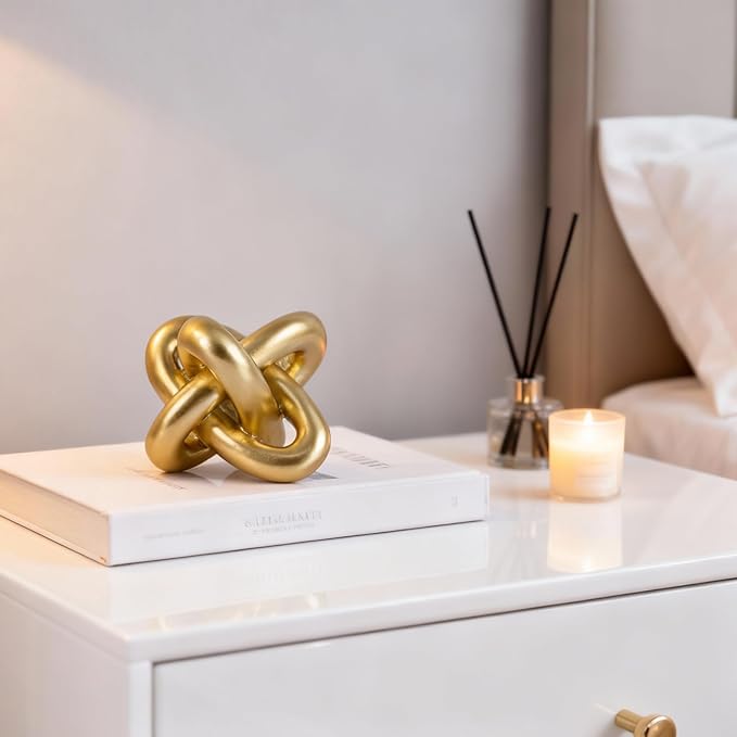 Golden Knot Statue, Three Knot Sculpture Home Decor Accents, Knot Sculptures and Statues for Rustic Coffee Table Living Room Dining Table Entryway Entrance Shelf Small Decorations and Accessories