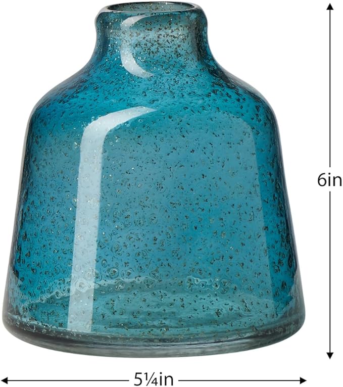 Torre & Tagus 6 Inch Tall Blue Glass Vase with Gold Flakes, Mouth Blown Glass Vase Blue Flower Vase Centerpieces, Watertight for Hydroponic Plants, Coastal Decor Accents (Marina)